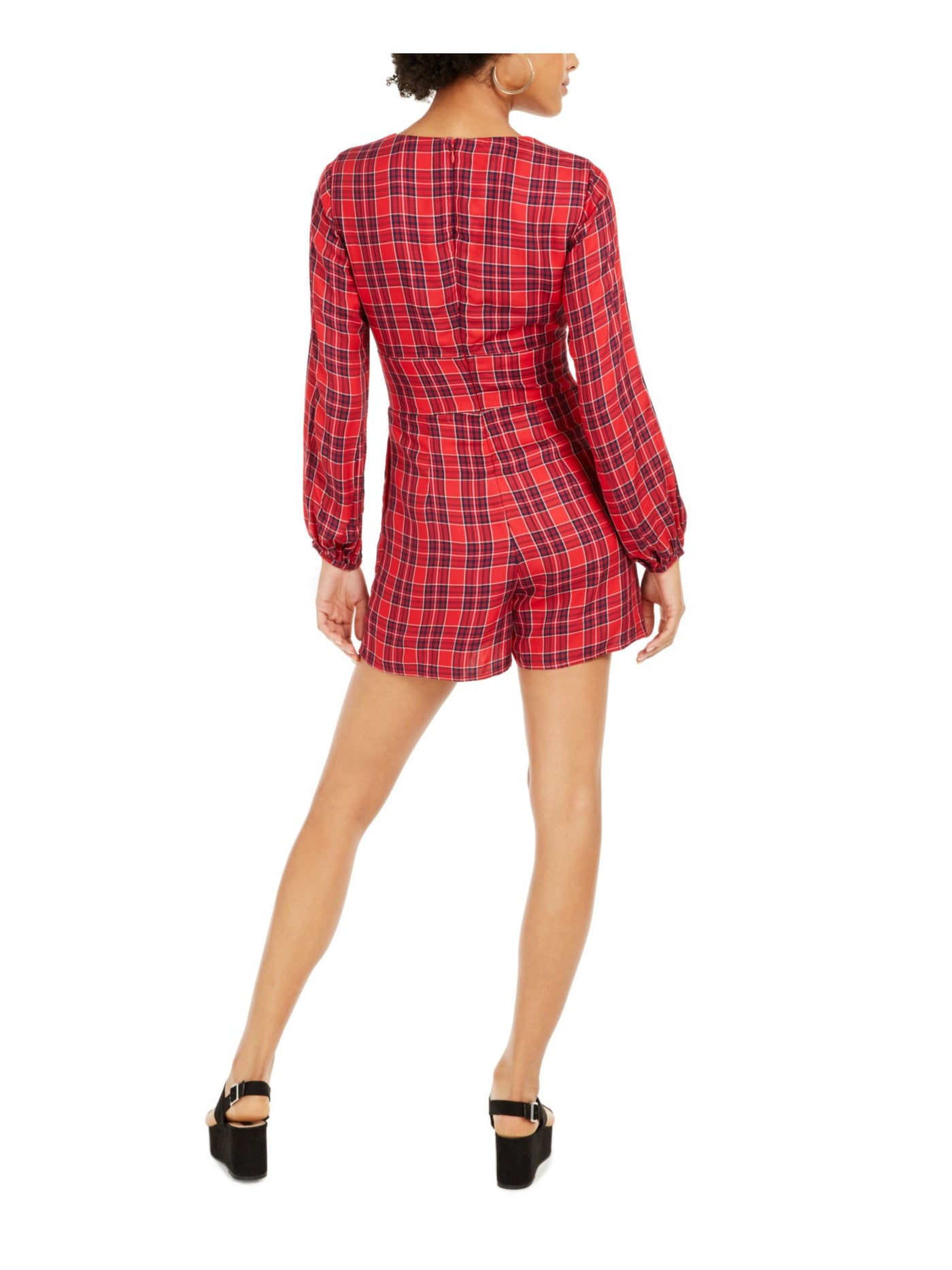 GUESS Womens Red Short Length Plaid Long Sleeve V Neck Romper 2