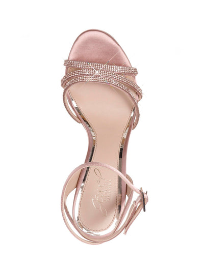 BADGLEY MISCHKA Womens Pink Flocked Sole Cushioned Rhinestone Sparkle Round Toe Block Heel Buckle Dress Sandals Shoes 6