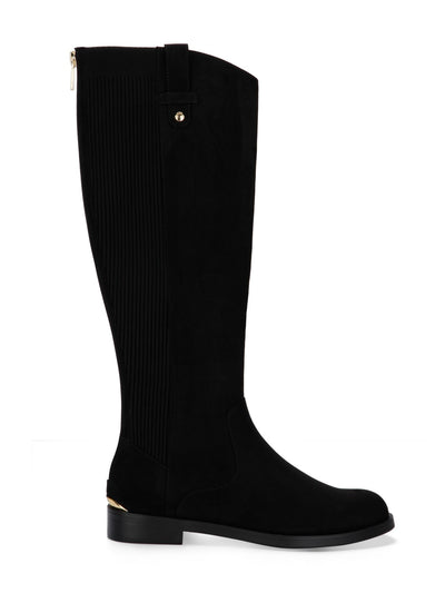 KENNETH COLE Womens Black Pull Tabs Back Stretch Panel Gold Toned Hardware Comfort Wind Stretch Boot Round Toe Block Heel Zip-Up Dress Boots 7