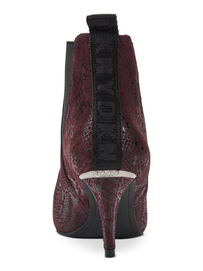 DKNY Womens Burgundy Snakeskin Stretch Gore Metal Heel Rand Logo Back Strap Cushioned Comfort Alani Almond Toe Kitten Heel Leather Booties 6.5 M