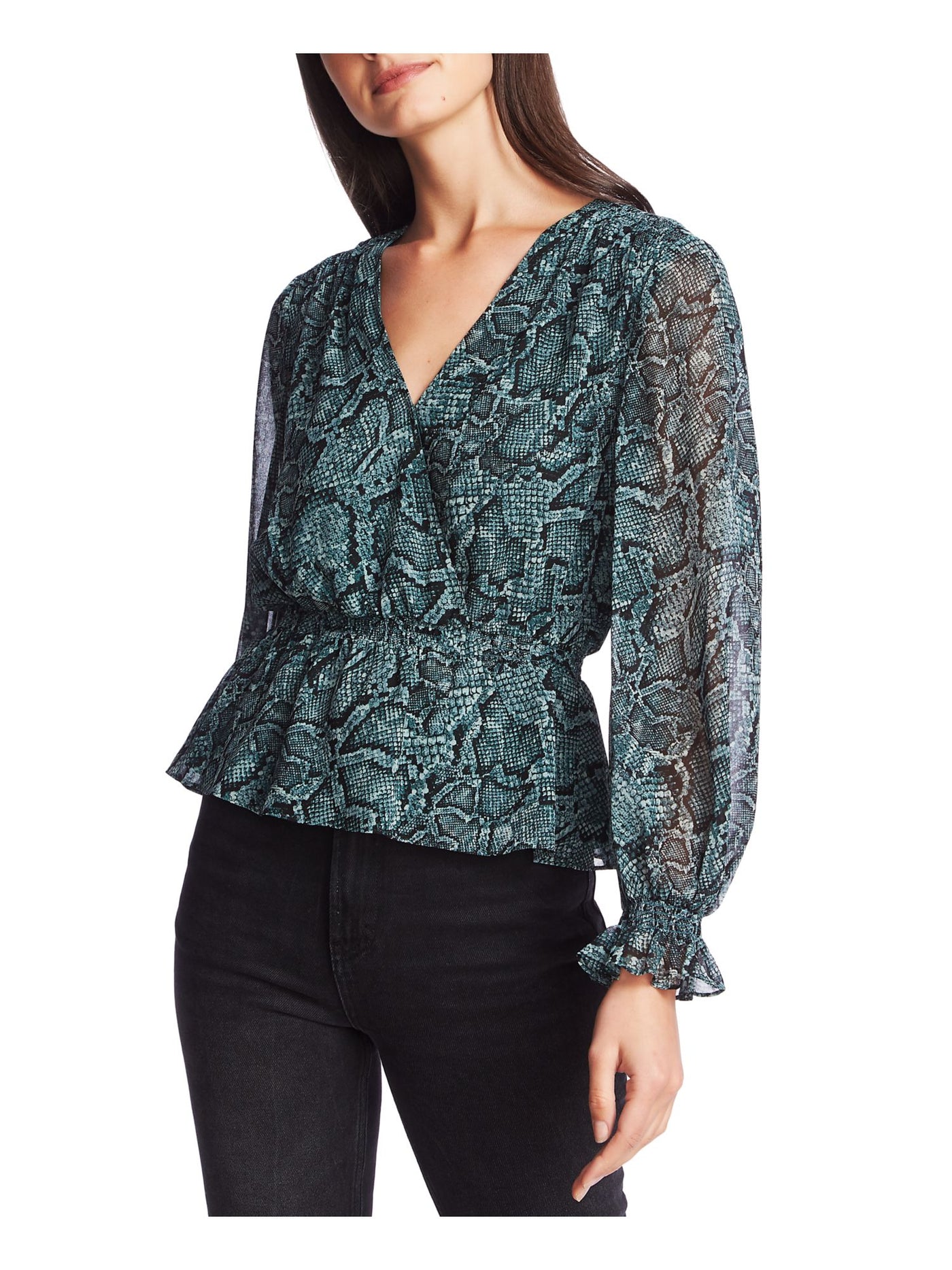 1. STATE Womens Green Printed Long Sleeve V Neck Blouse Juniors Size: XXS