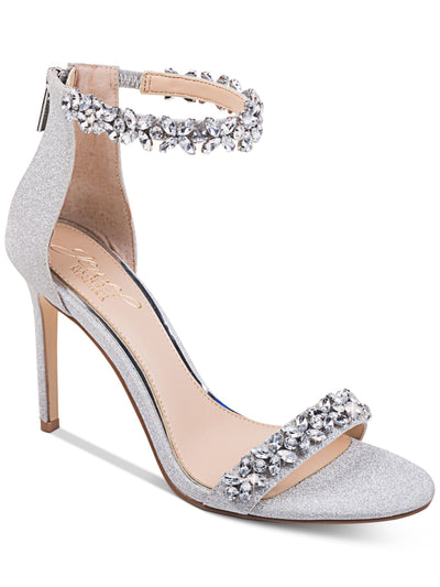 JEWEL BADGLEY MISCHKA Womens Silver Padded Ankle Strap Glitter Rhinestone Ramira Round Toe Stiletto Zip-Up Dress Sandals Shoes 6.5