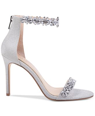 JEWEL BADGLEY MISCHKA Womens Silver Padded Ankle Strap Glitter Rhinestone Ramira Round Toe Stiletto Zip-Up Dress Sandals Shoes