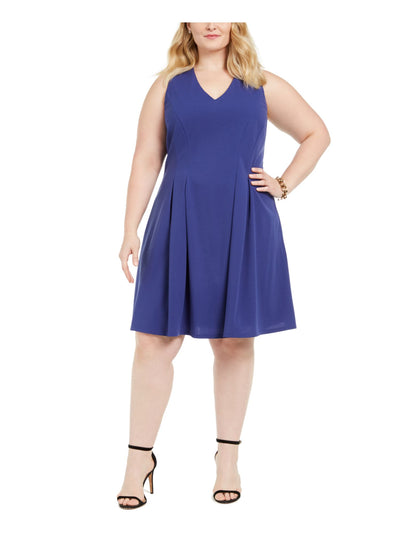 TEEZE ME Womens Blue Sleeveless V Neck Knee Length Wear To Work Fit + Flare Dress 14