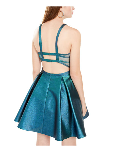 BLONDIE Womens Blue Glitter  Metallic Sleeveless Square Neck Short Cocktail Fit + Flare Dress Juniors 3