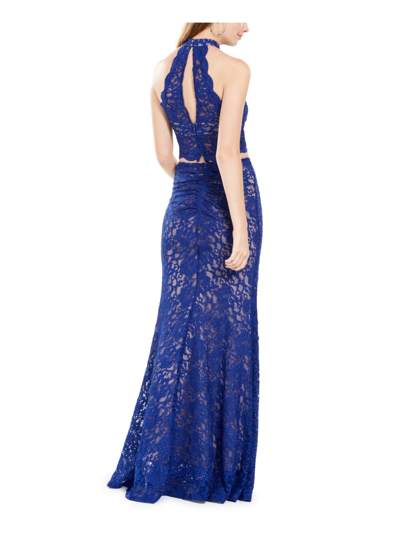 SEQUIN HEARTS Womens Blue Lace Zippered Glitter Lined Sleeveless Halter Full-Length Evening Gown Dress Juniors 9