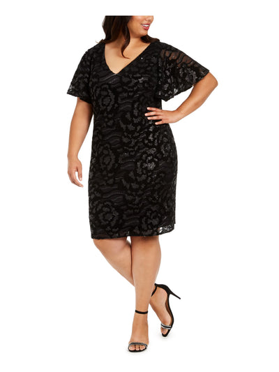 CALVIN KLEIN Womens Black Sequined Zippered Short Sleeve V Neck Knee Length Cocktail Sheath Dress Plus 16W