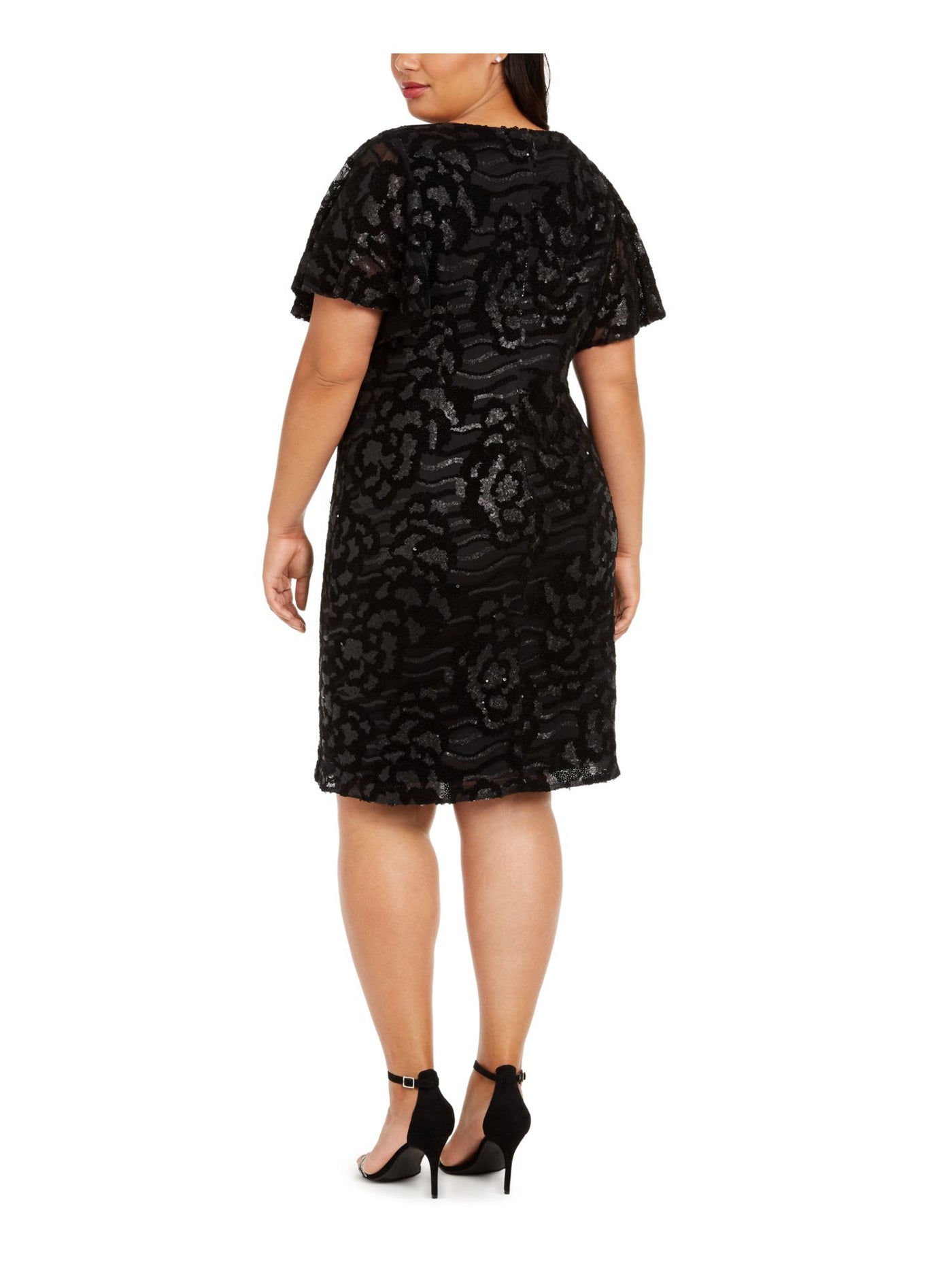 CALVIN KLEIN Womens Black Sequined Zippered Short Sleeve V Neck Knee Length Cocktail Sheath Dress Plus 16W