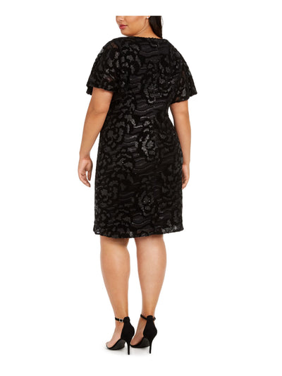CALVIN KLEIN Womens Black Sequined Zippered Short Sleeve V Neck Knee Length Cocktail Sheath Dress Plus 16W