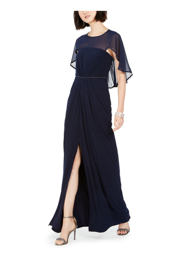 ADRIANNA PAPELL Womens Navy Ruched Embellished Slitted Sleeveless Jewel Neck Full-Length Evening Fit + Flare Dress 4