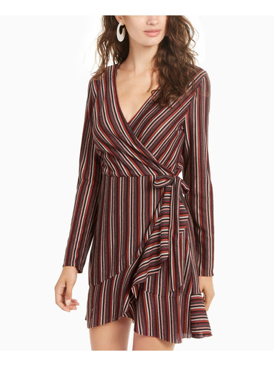 CRYSTAL DOLLS Womens Brown Belted Striped Long Sleeve Short Wrap Dress S