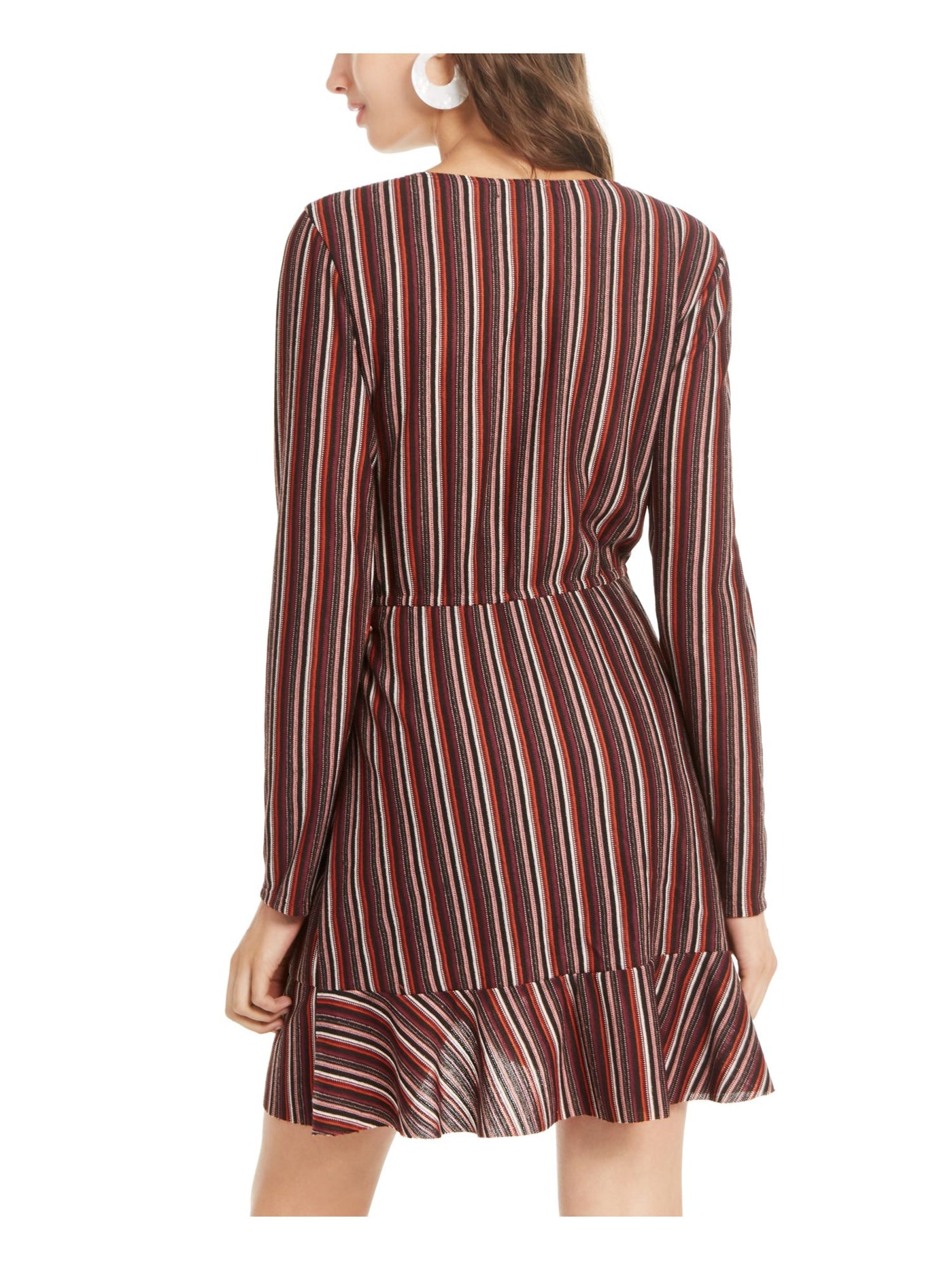 CRYSTAL DOLLS Womens Brown Belted Striped Long Sleeve Short Wrap Dress S