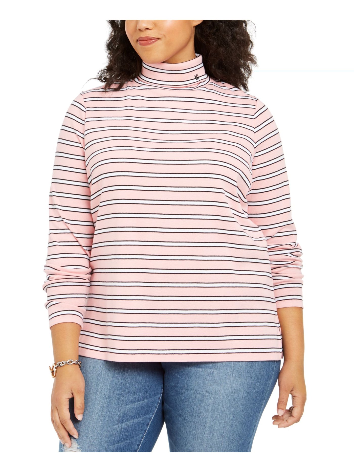 TOMMY HILFIGER Womens Pink Striped Long Sleeve Collared Blouse Plus 1X