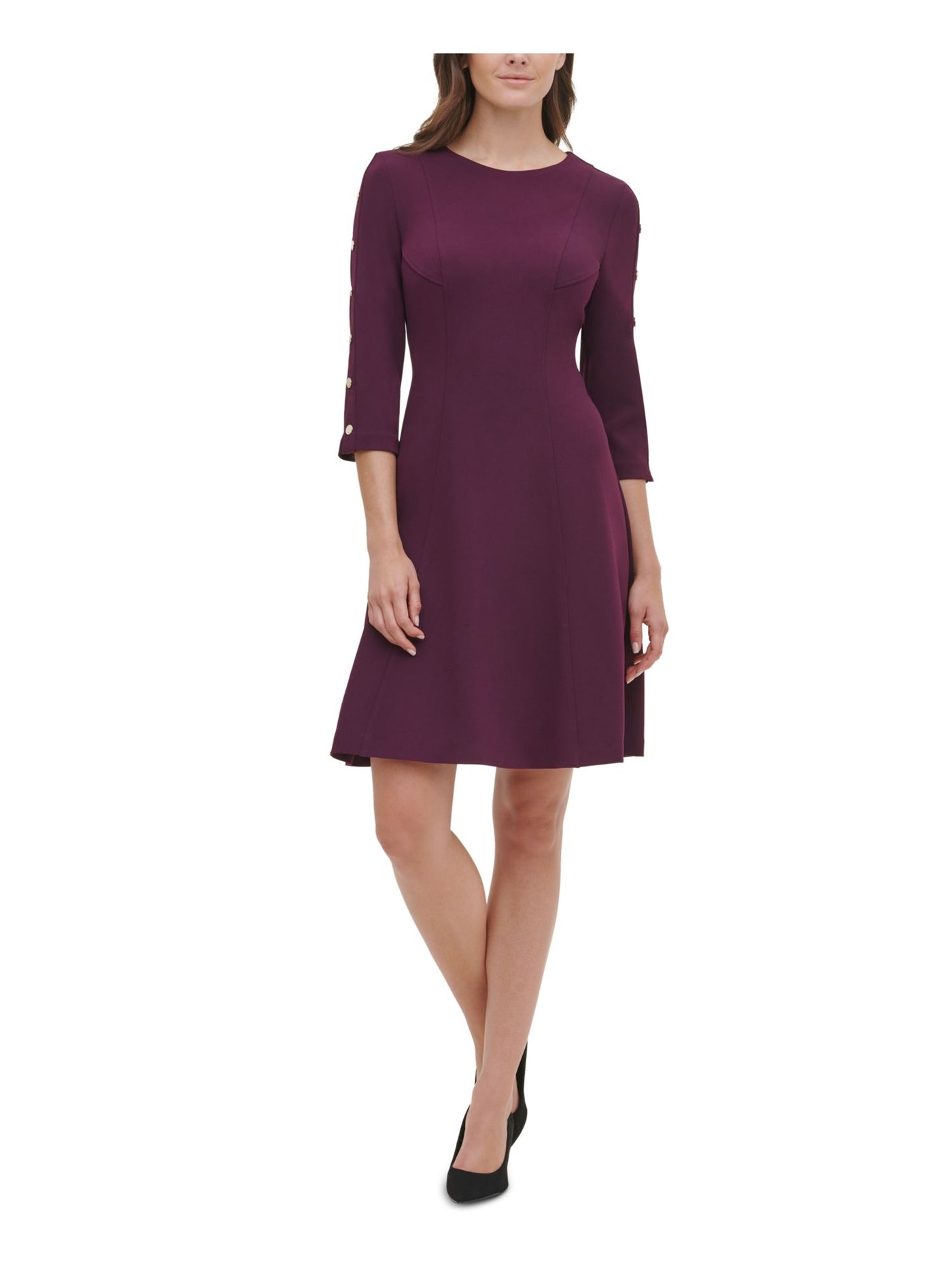 TOMMY HILFIGER Womens Purple Zippered 3/4 Sleeve Jewel Neck Knee Length Dress 14