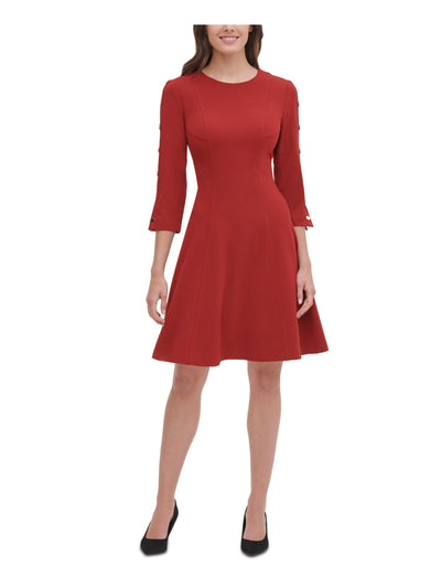 TOMMY HILFIGER Womens Red Zippered 3/4 Sleeve Jewel Neck Knee Length Dress 6