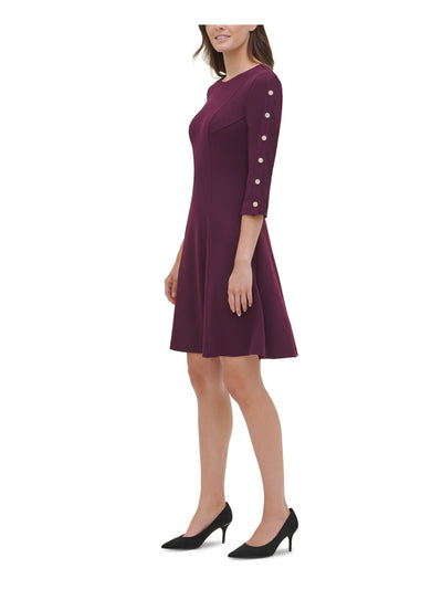 TOMMY HILFIGER Womens Purple Zippered 3/4 Sleeve Jewel Neck Knee Length Dress 14