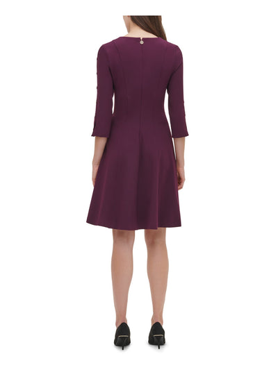 TOMMY HILFIGER Womens Purple Zippered 3/4 Sleeve Jewel Neck Knee Length Dress 14