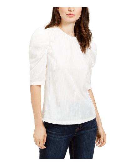 LEYDEN Womens White Pouf Jewel Neck Sweater M