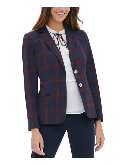 TOMMY HILFIGER Womens Navy Tie Embellished Buttoned Plaid Wear To Work Blazer Jacket 8