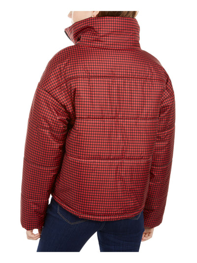 CELEBRITY PINK Womens Red Pocketed Check Puffer Winter Jacket Coat Juniors M