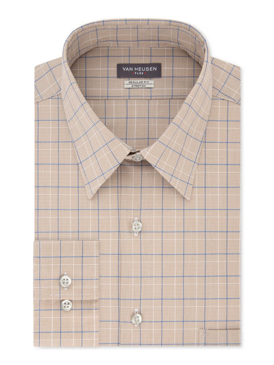 VAN HEUSEN Mens Beige Windowpane Plaid Collared Classic Fit Stretch Dress Shirt M 15- 32/33