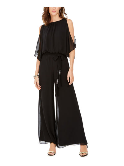 MSK Womens Black Embellished Belted Cold Shoulder Blouson Sheer Jewel Neck Evening Wide Leg Jumpsuit L