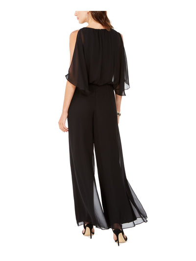 MSK Womens Black Embellished Belted Cold Shoulder Blouson Sheer Jewel Neck Evening Wide Leg Jumpsuit L