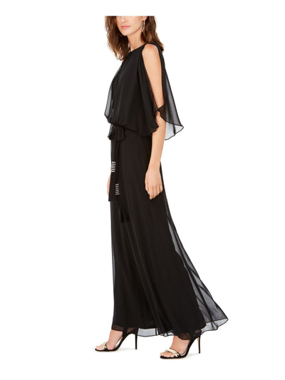 MSK Womens Black Embellished Belted Cold Shoulder Blouson Sheer Jewel Neck Evening Wide Leg Jumpsuit L
