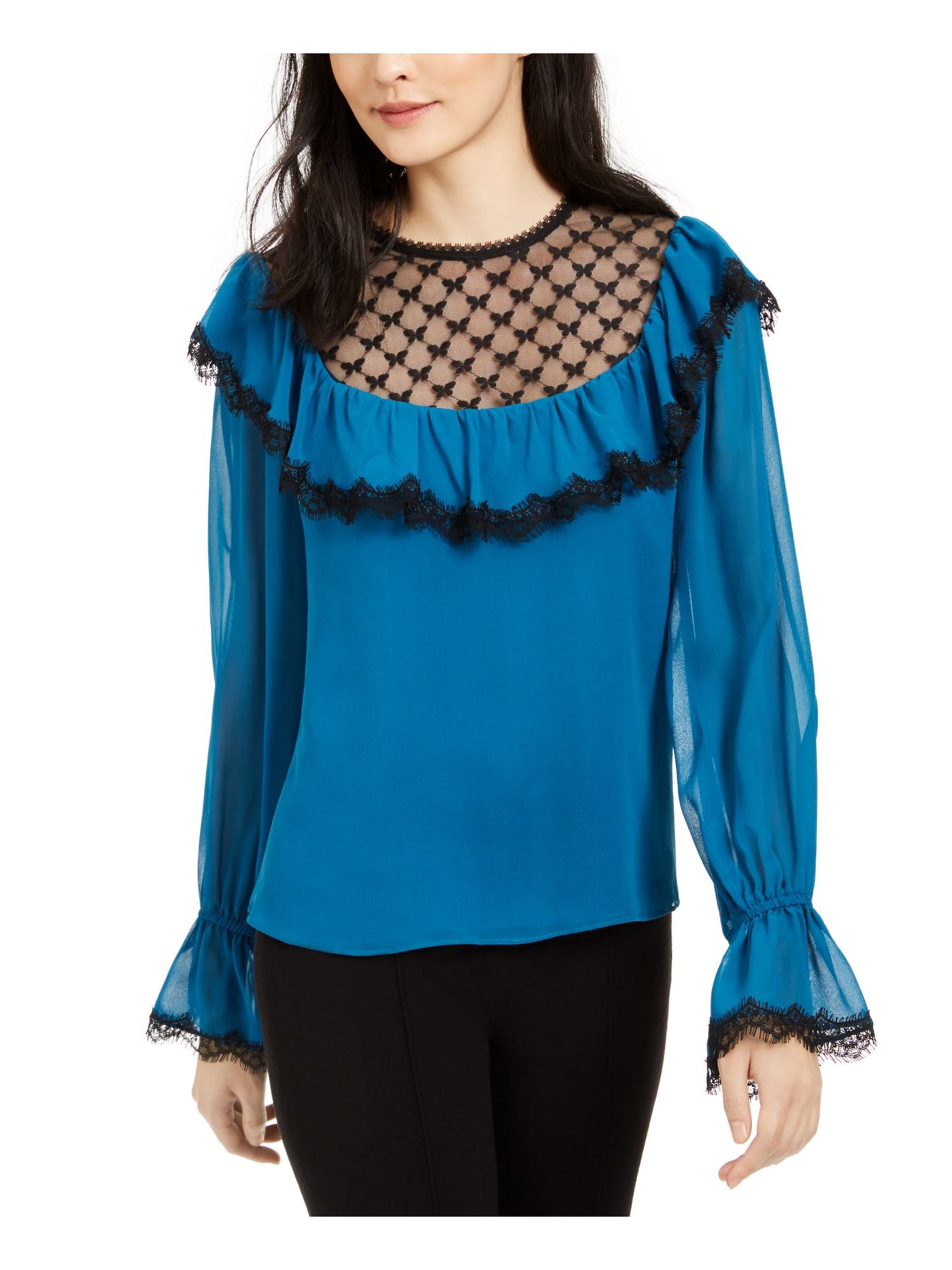 NANETTE LEPORE Womens Teal Sheer Patterned Bell Sleeve Illusion Neckline Blouse M