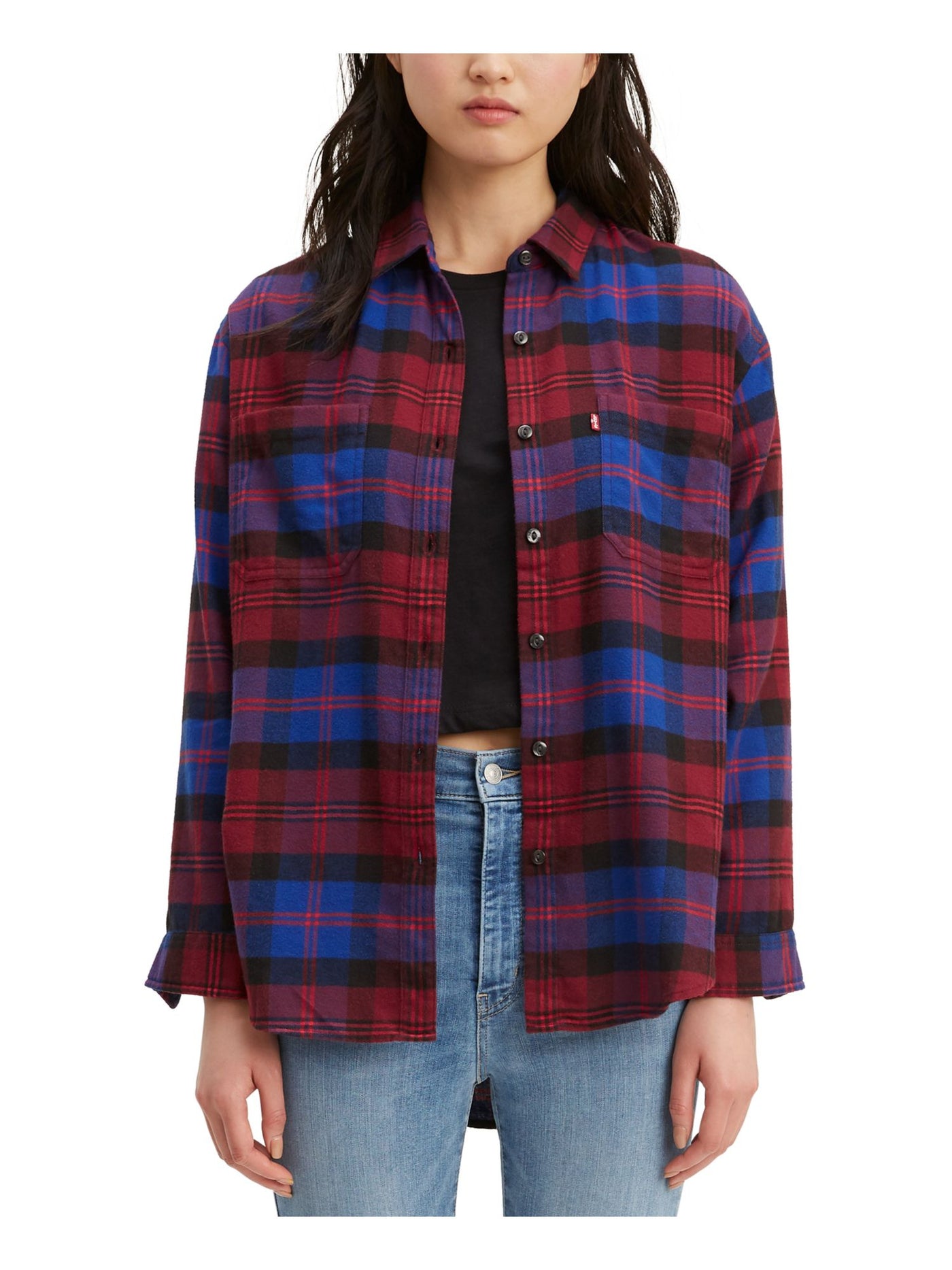 LEVI'S Womens Red Plaid Cuffed Sleeve Collared Button Up Top XL