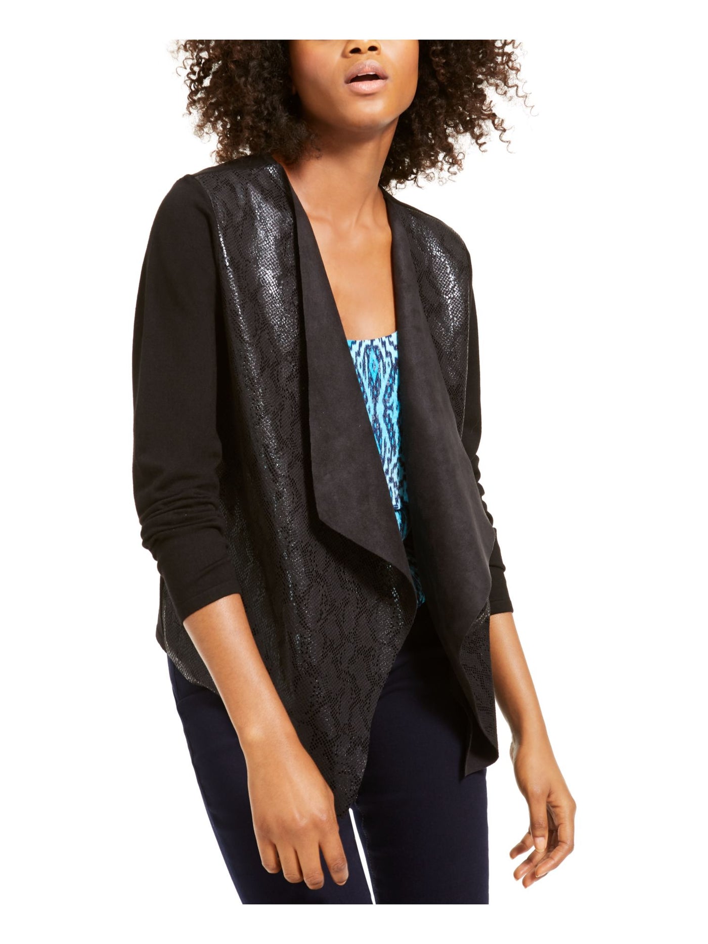 INC Womens Black Patterned Long Sleeve Open Cardigan Sweater S