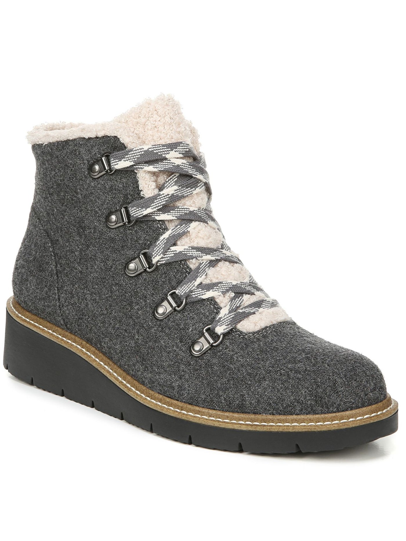 DR SCHOLLS Womens Gray 1/2" Platform Faux Shearling Collar Lug Sole Hiker Inspired Waterproof Cushioned So Cozy Round Toe Wedge Lace-Up Booties 7.5 M