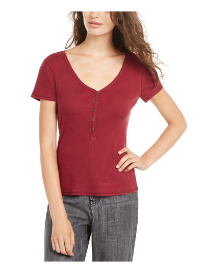 Common Stitch Womens Burgundy Buttons Short Sleeve V Neck T-Shirt Juniors XS