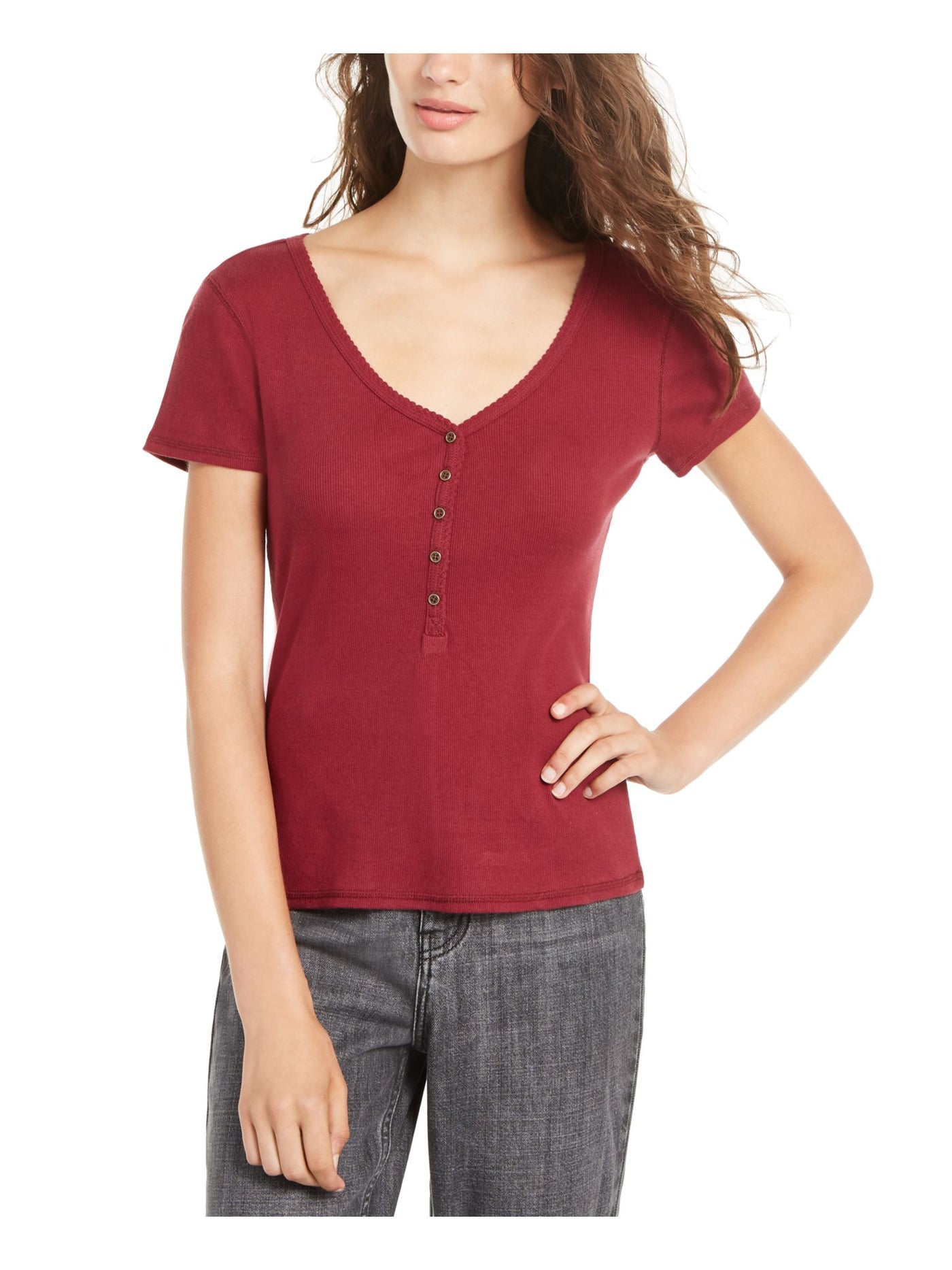 Common Stitch Womens Burgundy Buttons Short Sleeve V Neck T-Shirt XS