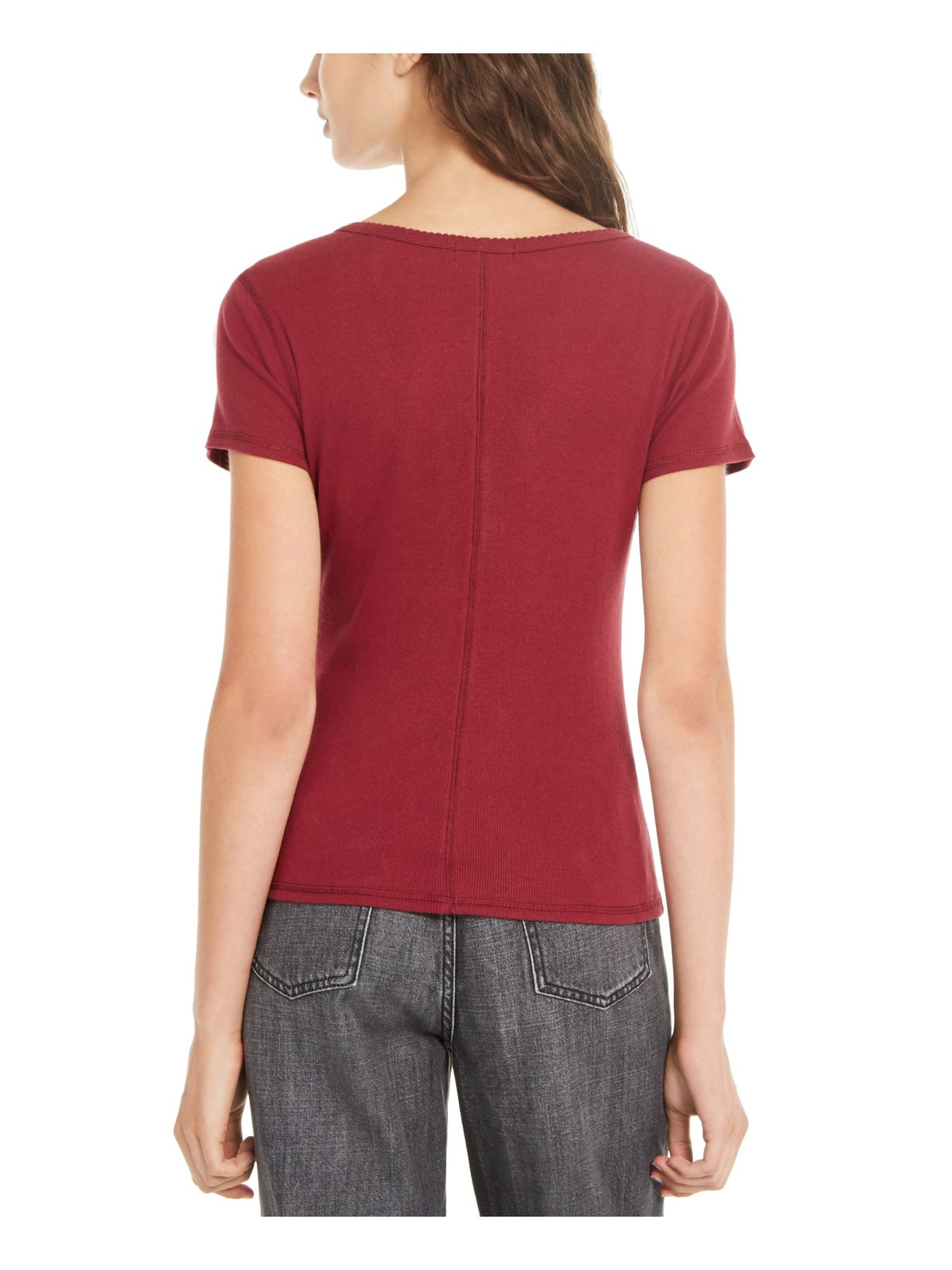 Common Stitch Womens Burgundy Buttons Short Sleeve V Neck T-Shirt XS