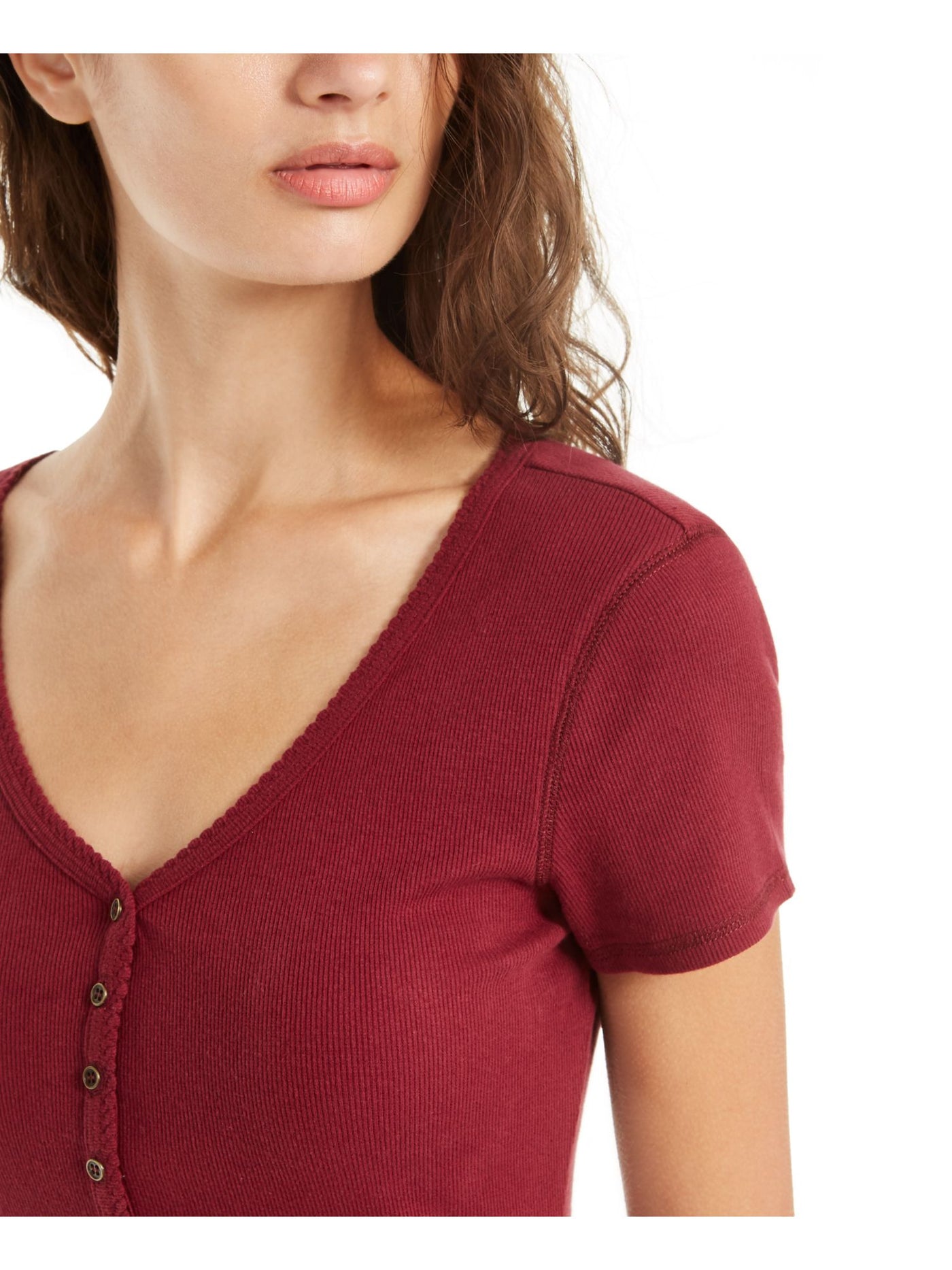 Common Stitch Womens Burgundy Buttons Short Sleeve V Neck T-Shirt XS