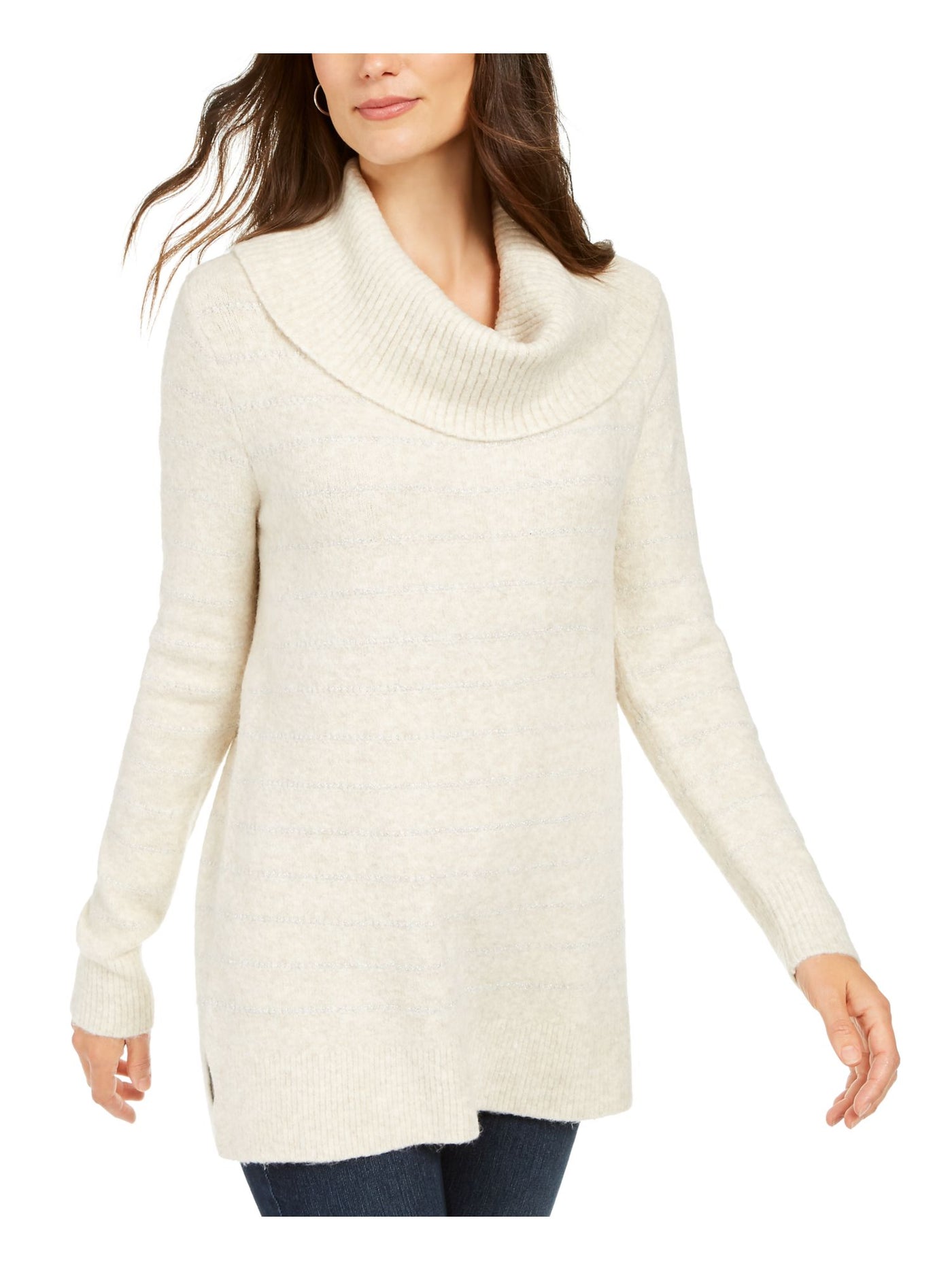STYLE & COMPANY Womens Embellished Ribbed Long Sleeve Cowl Neck T-Shirt