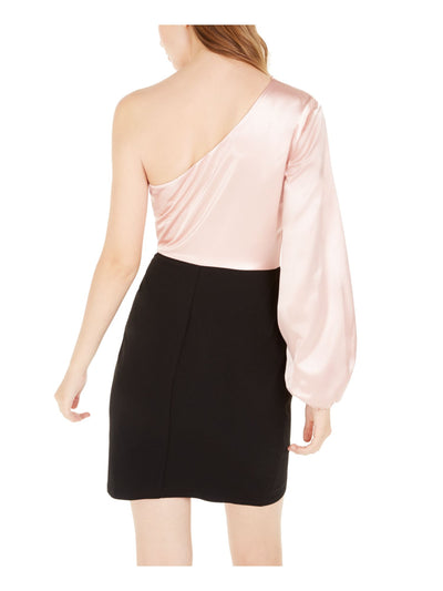 CITY STUDIO Womens Pink Satin Zippered Long Sleeve Asymmetrical Neckline Short Cocktail Sheath Dress Juniors 1