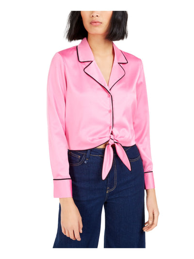 BAR III Womens Tie Cuffed Collared Button Up Top