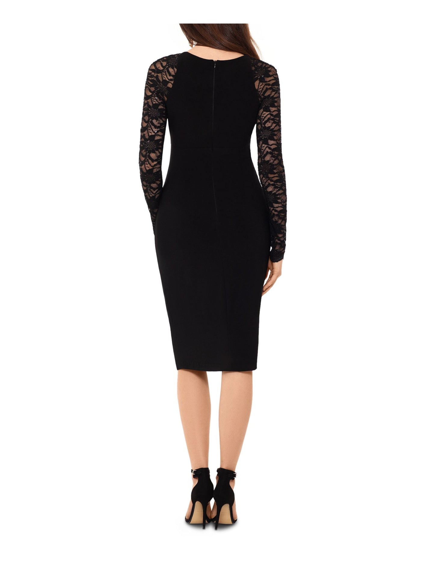 BETSY & ADAM Womens Black Lace Sheer Zippered Long Sleeve Keyhole Midi Evening Body Con Dress 4