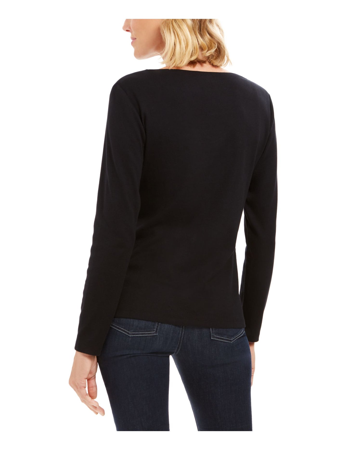 KAREN SCOTT Womens Black Graphic Long Sleeve Jewel Neck Top M