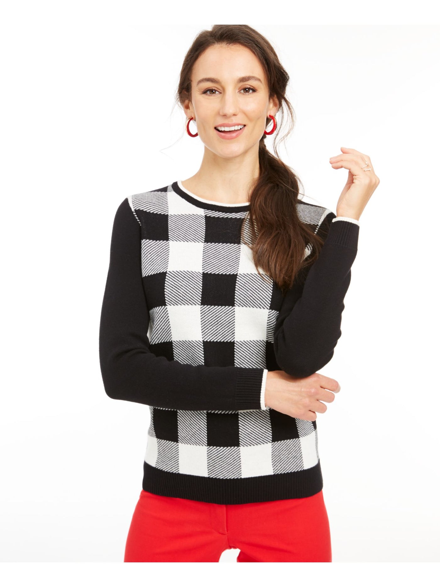 CHARTER CLUB Womens Black Check Long Sleeve Crew Neck Sweater XL