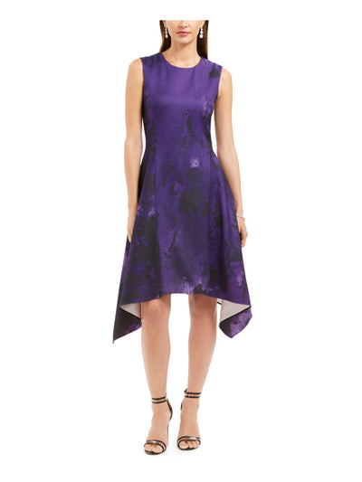 NATORI Womens Purple Zippered Printed Sleeveless Jewel Neck Above The Knee Party Fit + Flare Dress 14