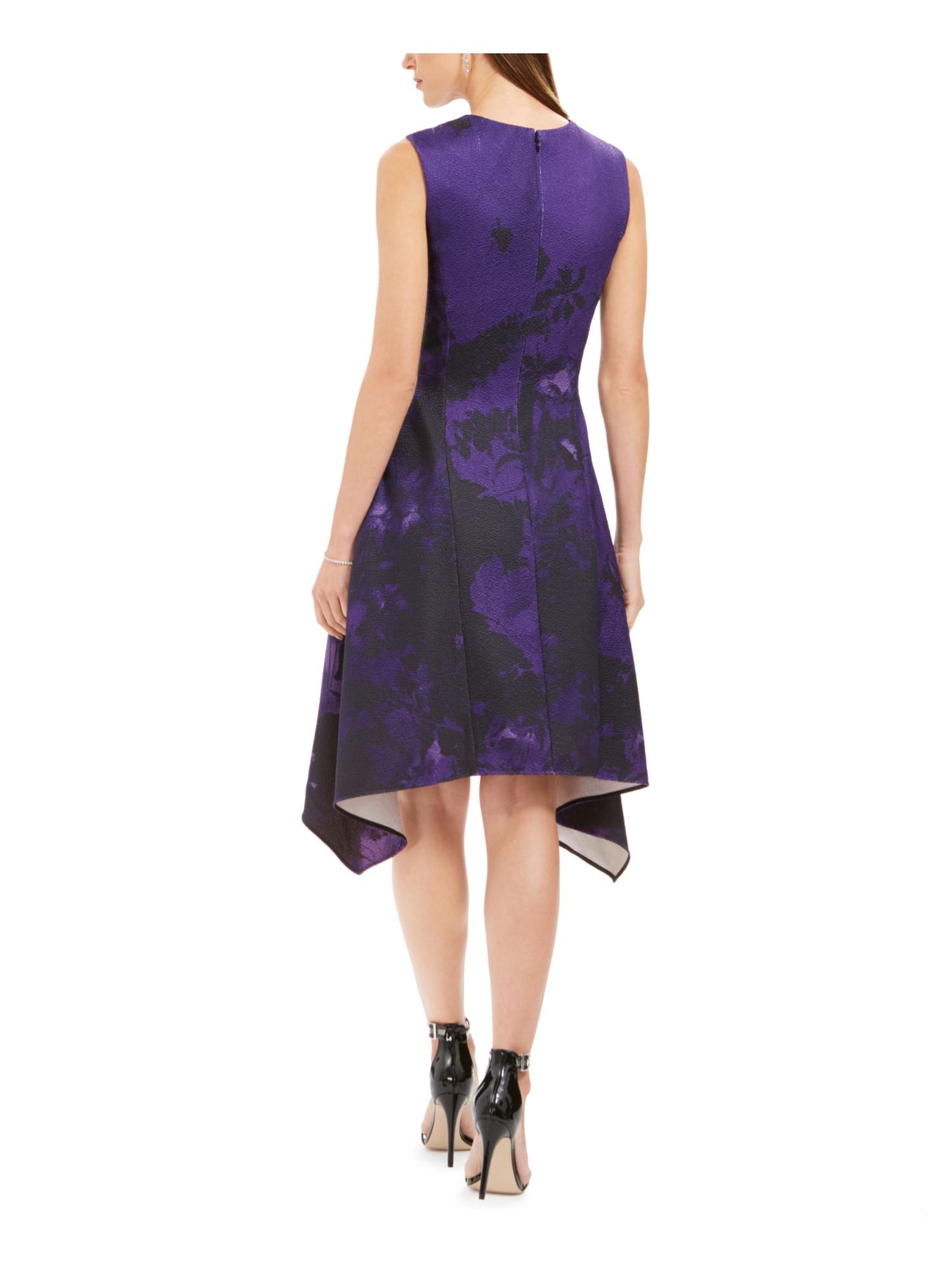 NATORI Womens Purple Zippered Printed Sleeveless Jewel Neck Above The Knee Party Fit + Flare Dress 0