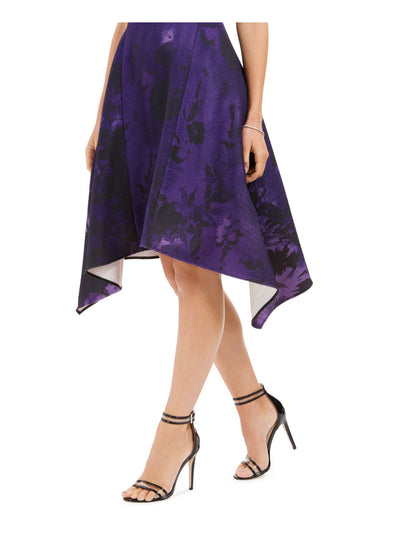NATORI Womens Purple Zippered Printed Sleeveless Jewel Neck Above The Knee Party Fit + Flare Dress 0