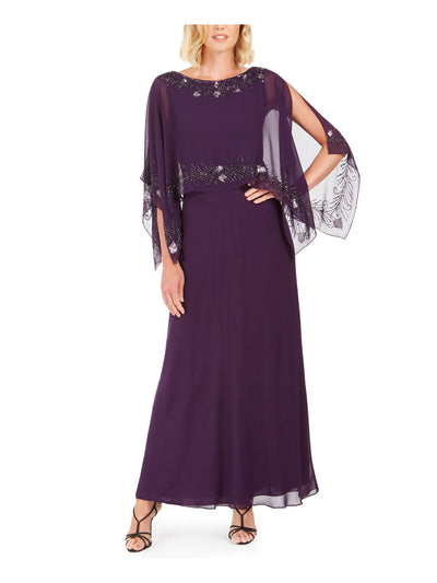 JKARA Womens Purple Embellished Cold Shoulder Kimono Sleeve Crew Neck Full-Length Formal Blouson Dress 6