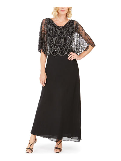 JKARA Womens Black Embellished Short Sleeve V Neck Maxi Evening Sheath Dress 6