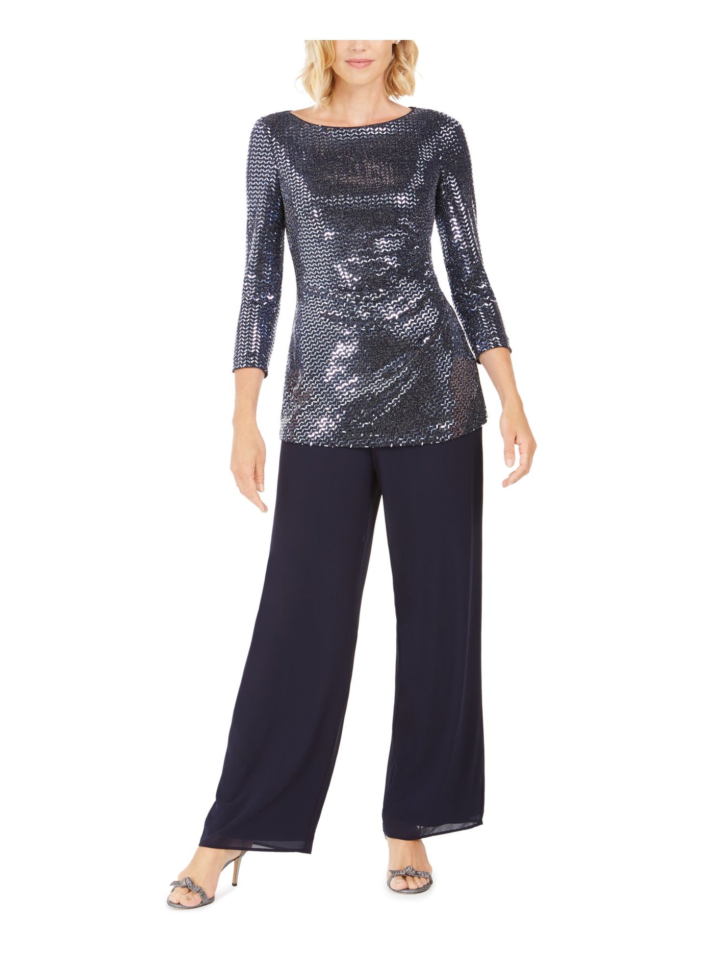 JESSICA HOWARD Womens Sequined 3/4 Sleeve Jewel Neck Party Top