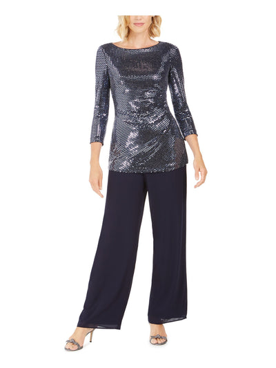 JESSICA HOWARD Womens Navy Sequined 3/4 Sleeve Jewel Neck Party Top 6