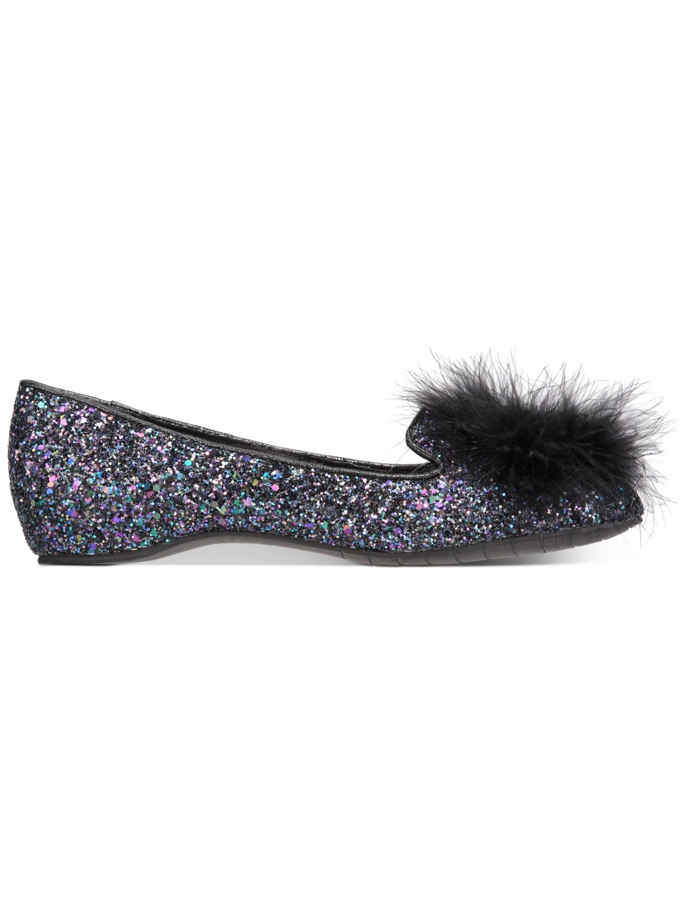 KENNETH COLE Womens Black Chunky Glitter Cushioned Feather Pom Pom Glitter Feather Accent Gen-ie Bottle Round Toe Slip On Flats Shoes 5.5 M